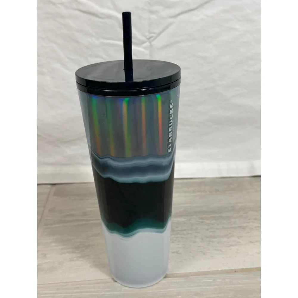 Starbucks 2020 Iridescent Wavy Agate Teal Black White 24oz Venti Cold Tumbler